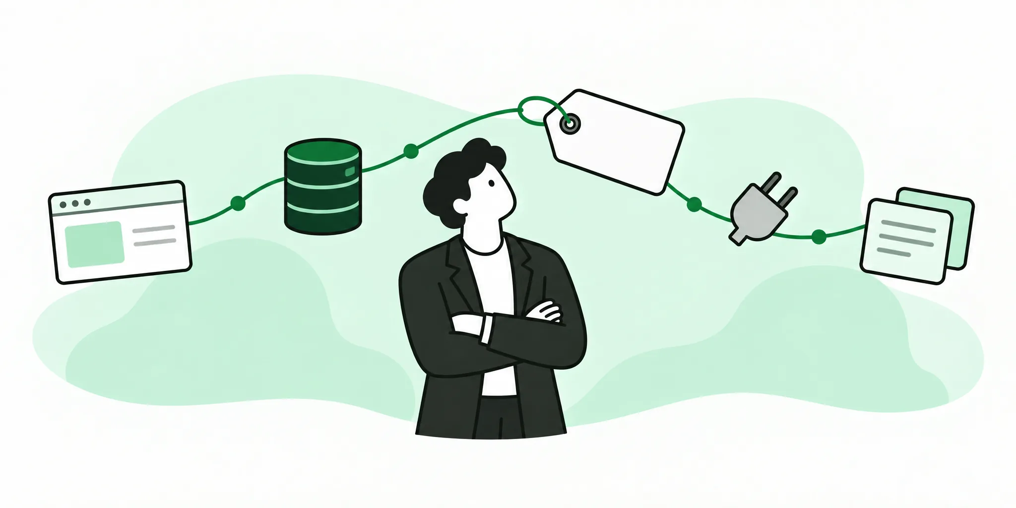 A person with folded arms looks up thoughtfully at a blank price tag, surrounded by floating software pieces: a screen, a database, a plug and a stack of documents, linked by a green line