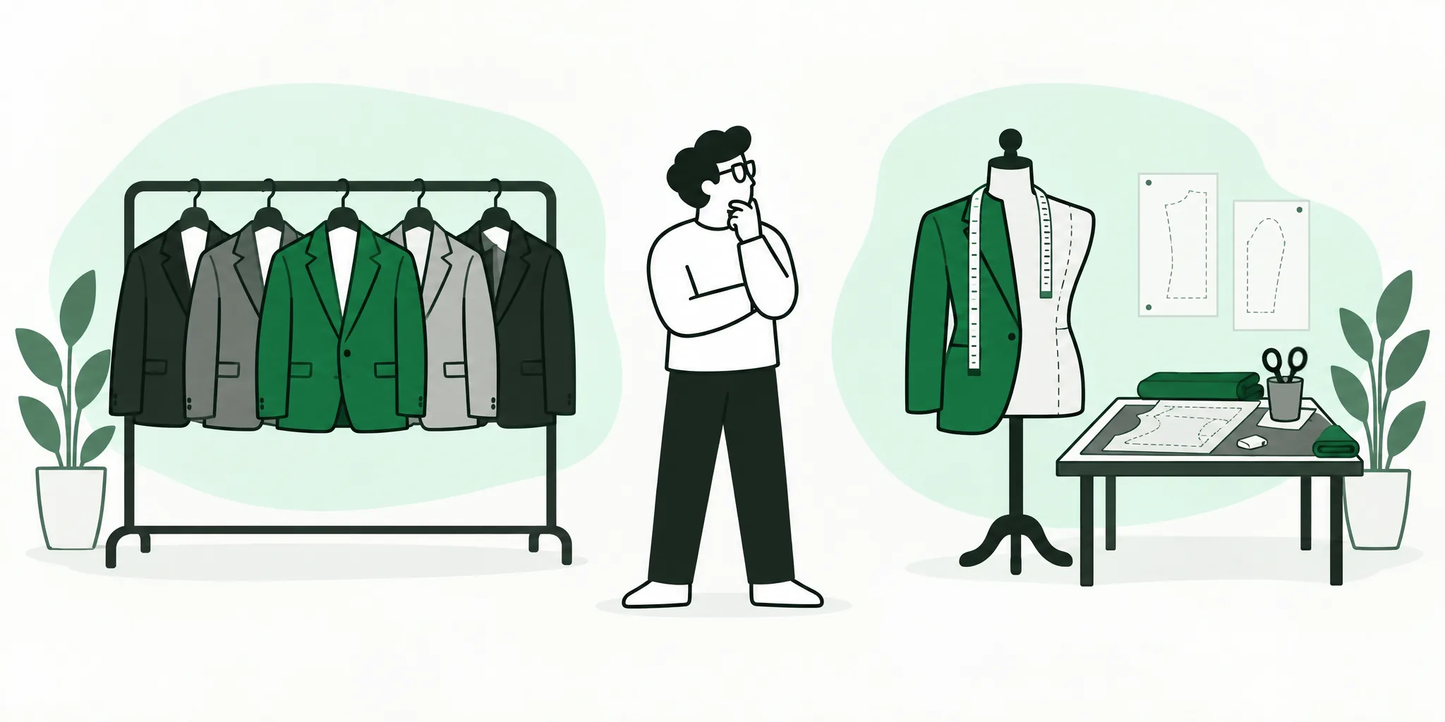 A person weighing up a rack of ready-to-wear jackets on one side and a tailor's dummy with a made-to-measure jacket on the other