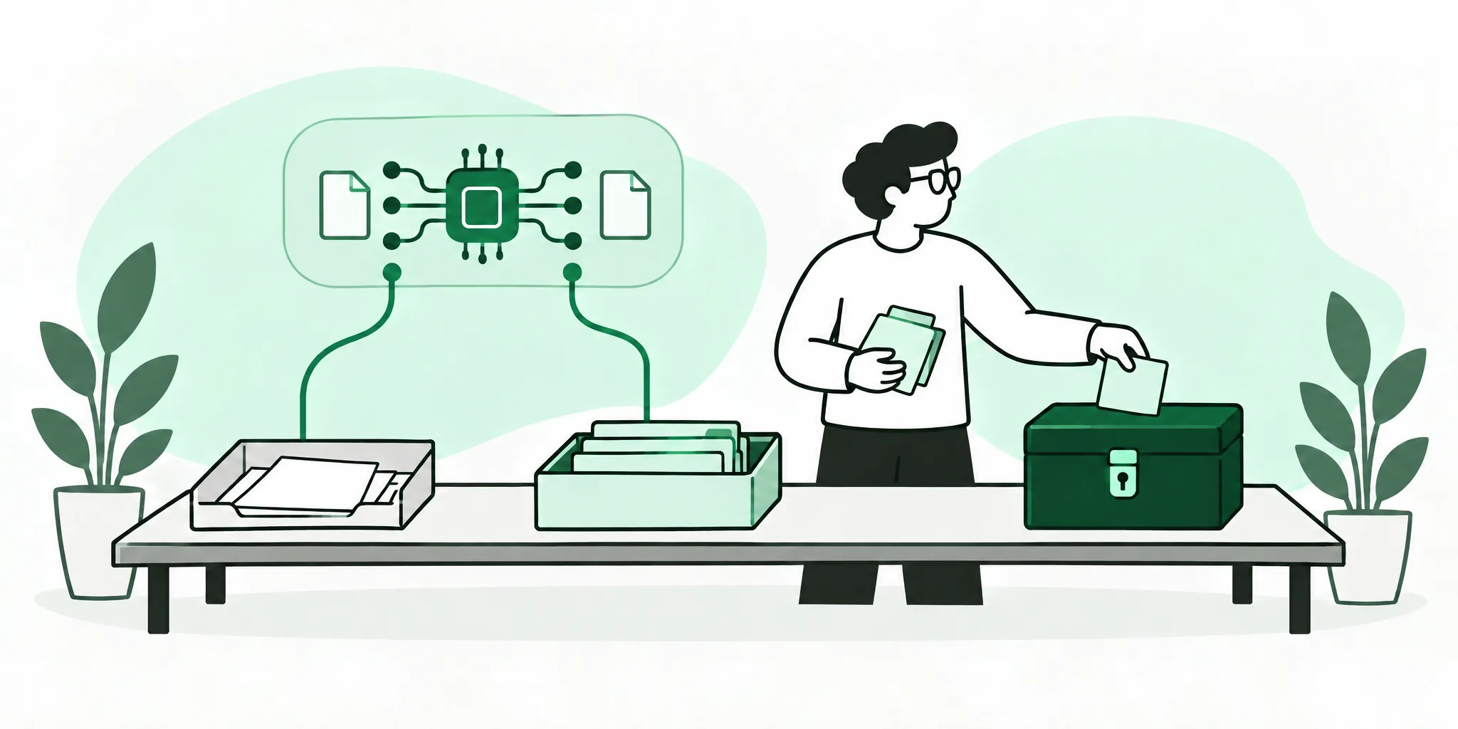 A person sorts papers into three trays on a long desk: an open tray and a mint tray are linked by green lines to an AI panel above, while the person drops a card into a closed dark green lockbox that has no connection