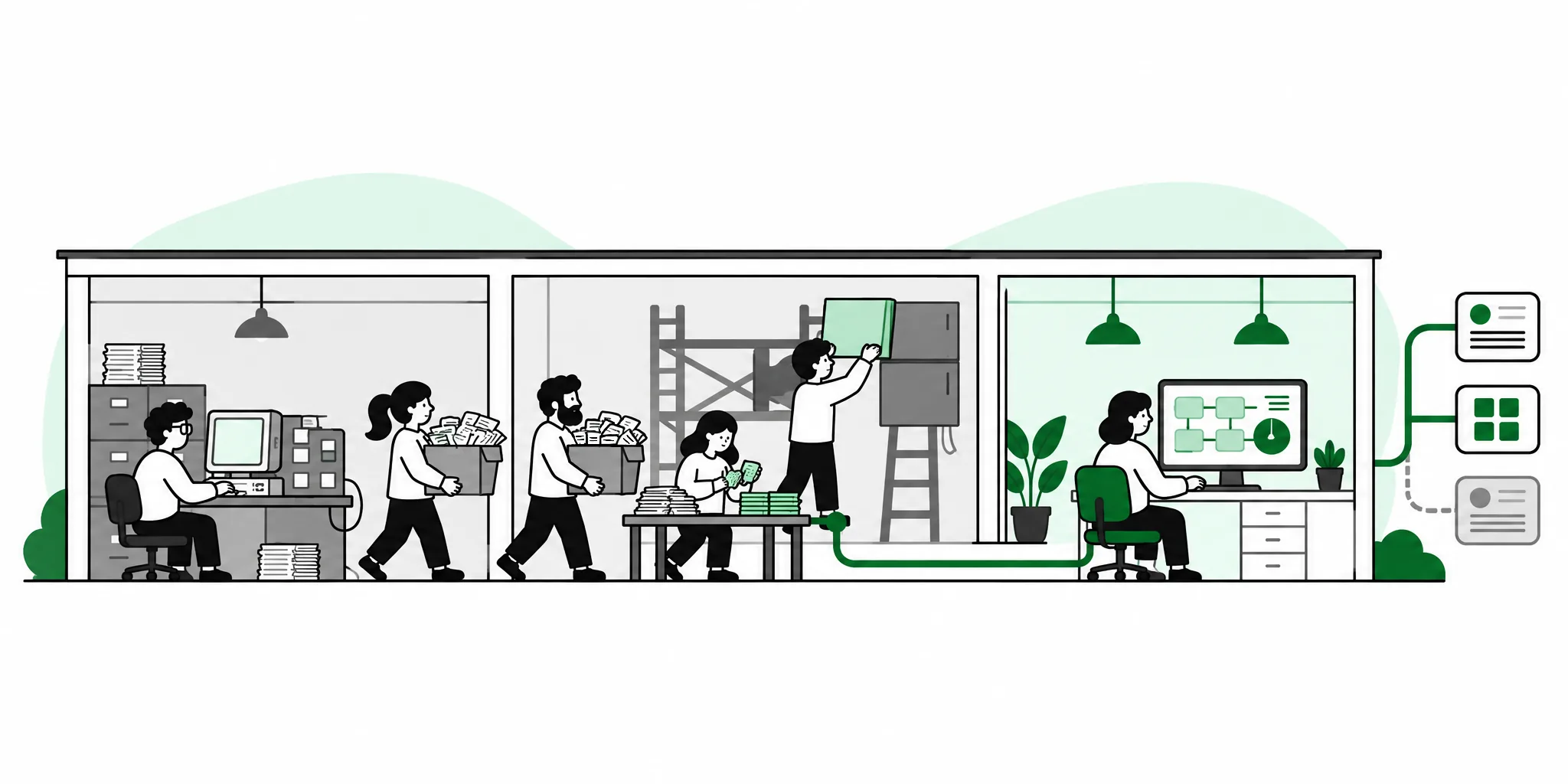 An office being modernised one room at a time while people keep working, with old records carried to a sorting table and the new room connected to other systems