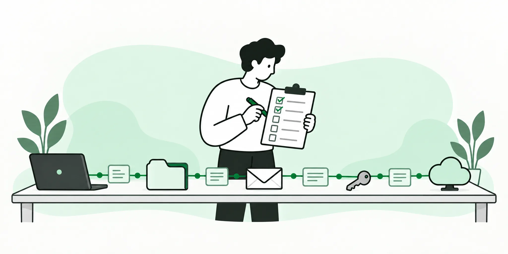 A person with a clipboard checklist stands behind a long table holding a laptop, a folder, an envelope, a key and a cloud, linked by a green line, ticking them off one by one
