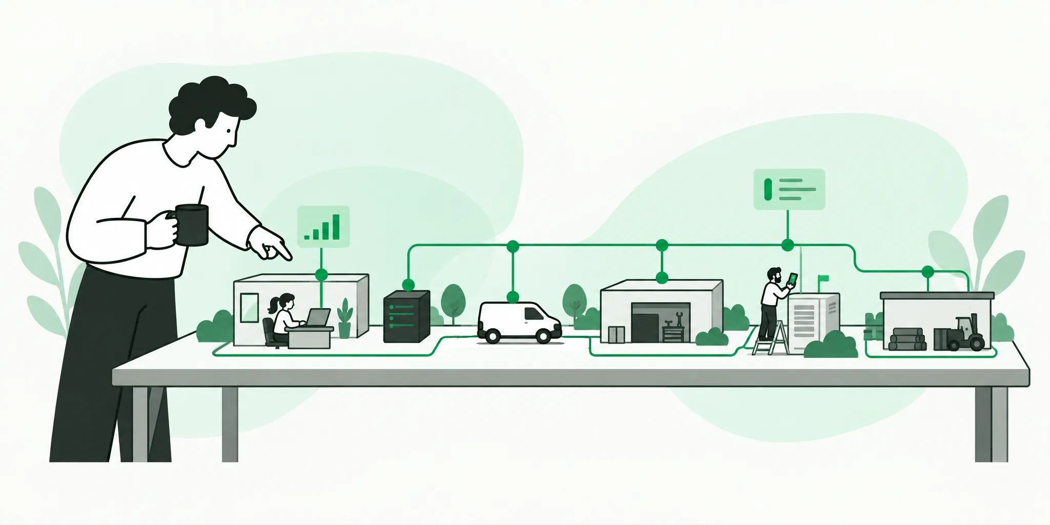 A manager with a coffee overlooking a tabletop model of the whole operation, with office, van, sites and field technician all linked by one green line