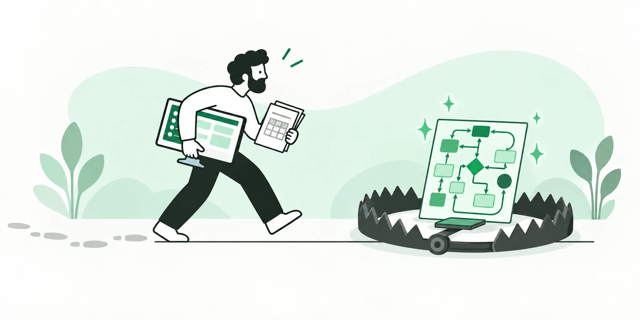 A man carrying a new system walks eagerly toward a shiny, over-complicated process map set as bait on an open trap