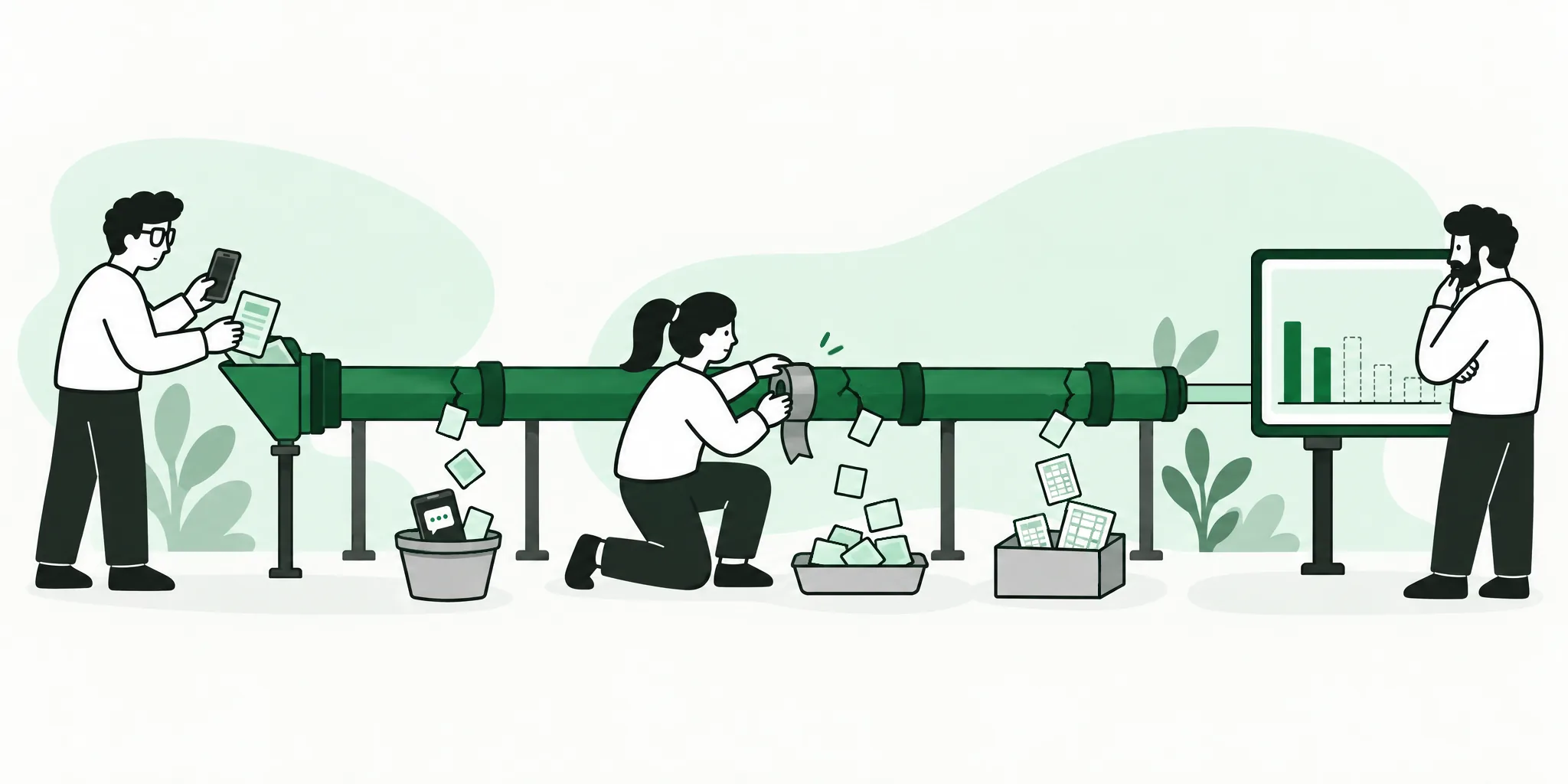 A leaky data pipeline: cards fall out into buckets of chat messages, notes and spreadsheets while a coordinator tapes a crack and a manager studies a half-empty dashboard